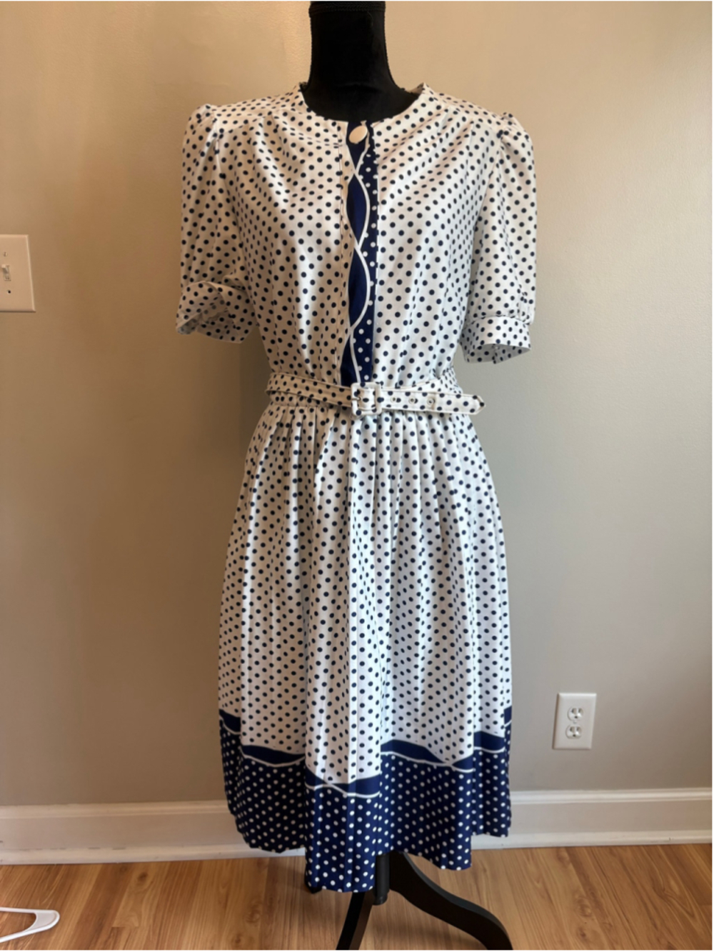 Women'sVintage Whirlaway Frocks Polka Dot Dress, Size 14, White & Navy Blue